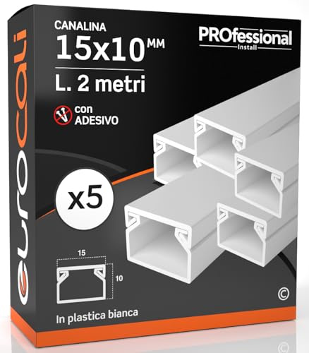 Canalina Passacavi Autoadesiva 15x10 mm in plastica bianca con coperchio Lunghezza 2 metri - Pacco da 5 Canaline (10m)