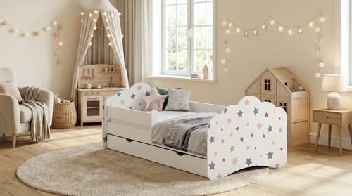 Happy Babies MOBI - Kinderbett 160 x 80 | Kinderbett mit Rausfallschutz & Bettkasten | Jugendbett mit farbigem Aufkleber | Bett mit Matratze 80x160 | Kinder-Bett für Mädchen & Jungen WIESS (M40)