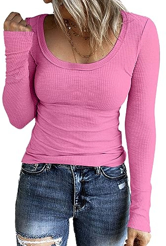TrendiMax Maglie Donne Manica Lunga Scoop Girocollo Maglia Sexy Maglietta Elegante Jersey Basic T-Shirt Top
