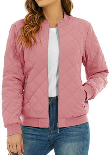 TACVASEN Quilted Jacket for Women Casual Bomber Jacket Diamond Quilted Work Jacket with Zip Pocket Tactical Jacket,Grey Pink,M