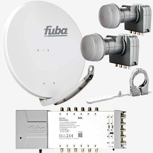 Fuba Sat Anlage 12 Teilnehmer - 2 Satelliten (z.B. Astra/Hotbird) | Satellitenschüssel Komplettset - DAA 850 G Sat-Schüssel 85cm Alu hellgrau + 2X LNB + Multifeed + Multischalter 12 Teilnehmer