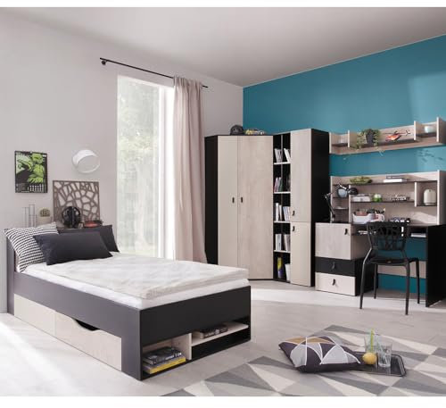 Lomadox Jugendzimmer Set 6-teilig mit Bett, Eckkleiderschrank, Regalschrank, Wandboard, Schreibtisch, Schreibtischaufsatz in schwarz/braun/beige Modern