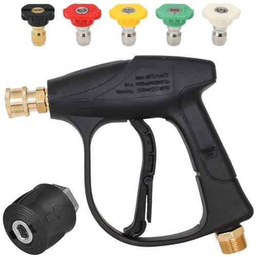 BRIOTA Pressure Washer Gun, High Pressure Jet Wash Gun 4350 PSI with 5 Spray Nozzle Tips, 1/4 Quick Connect Stubby Power Washer Gun, M22 Metric Short Gun for Car Washing & Patio Cleaning
