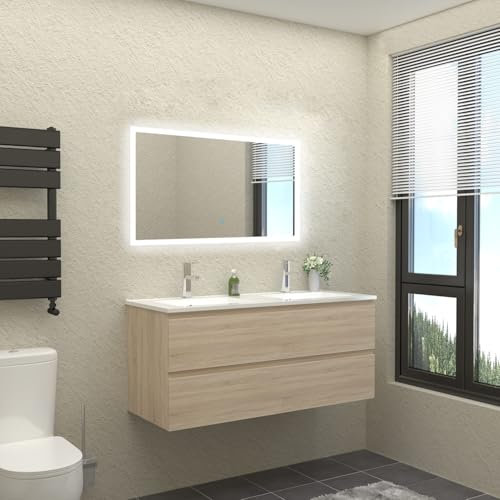 HAPAOSO Ensemble Meubles Salle de Bain avec Double Vasque + 120 cm Meuble sous Vasque Couleur chêne（Double Porte Ouverte）+Miroir LED 120x70cm