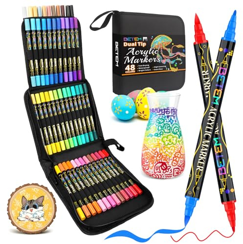 Betem Dual Tip Acrylic Paint Pens, 48 Colors Paint Markers for Glass, Window, Fabric, Wood, Rock, Canvas, Acrylic Markers with Fine & Brush Tip, Art & Craft Supplies, Teacher Appreciation Gift