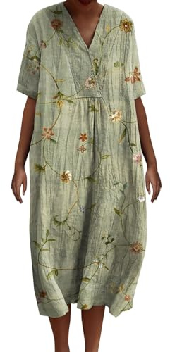 Ydsxlp Sommerkleid Damen Oversize Leinen Kleider Sommer Vintage Blumen Print Strandkleid Casual Locker Blusenkleid Damen V-Ausschnitt Kurzarm Freizeitkleider A-Linie Kleid Maxikleid