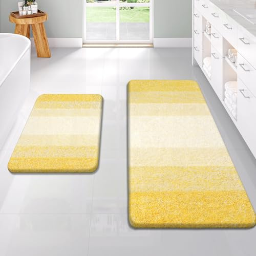 OLANLY Badezimmerteppich-Set, 2-teilig, weich, saugfähig, Mikrofaser, rutschfest, maschinenwaschbar, trocknergeeignet, Plüsch-Badematten für Badezimmer (119,4 x 50,8 cm + 61 x 40,6 cm, Gelb)