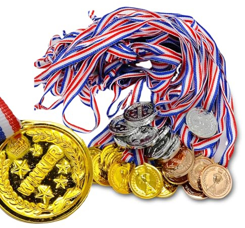 SULIUDAJI 15 Pièces Medaille Pour Enfant,Avec Médaille D'Or, D'Argent,De Bronze, Médailles D'Or Plastique, Avec Rubans De Cou, Pour Compétition Récompenses, Journée Du Sport, Enfant Activités À Thème