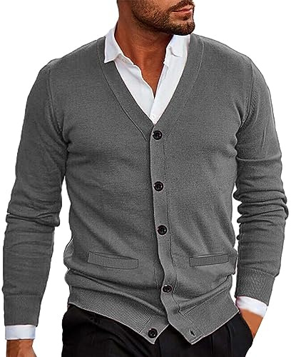 Chaqueta de punto para hombre con cuello de pico, jersey elástico, manga larga, jersey de punto fino con botones, elegante y ajustado, suéter ligero y cárdigan para hombre con bolsillos, suéter