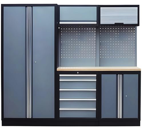 Bricoloco Estación Modular con Banco de Trabajo para talleres Profesionales. Armario para Herramientas y Mesa de Trabajo Amplia. Cajones de Cierre Suave. Modulable (2275 mm - 3 módulos)