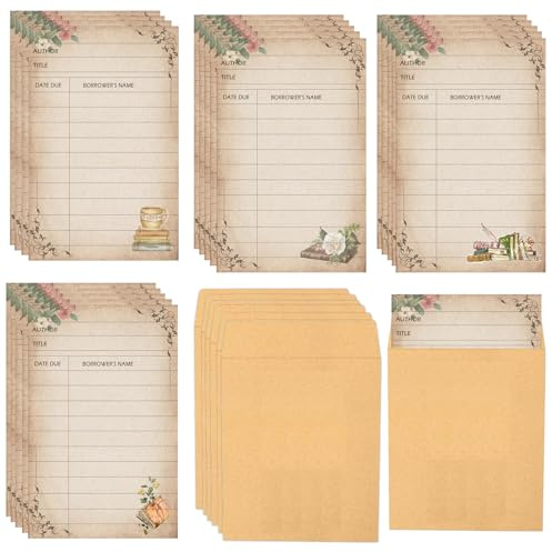Lot de 80 pochettes pour cartes de bibliothèque avec enveloppes auto-adhésives – Cartes de notes de date d'échéance, cartes de bibliothèque, liste de lecture, marque-page pour caisses de livres,