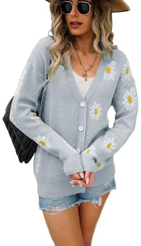 es-uk Women’s Daisy Knit Cardigan – Soft Button Up Floral Jumper, Long Sleeve Lightweight Knitwear, Casual Spring Autumn V-Neck Cardigan for Everyday Wear (Grey, XL)