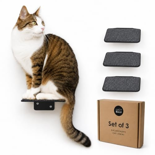 LucyBalu® Steps XL Katzentreppe Wand 3er Filzauflage – Anthrazit | XL-Wandstufen aus Metall, extra breite Trittfläche, für innen, komfortable Auflage