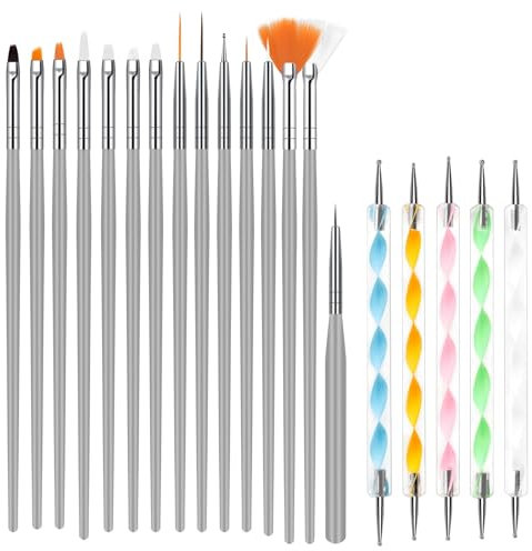 URAQT 20 Stück Nagel Pinsel Set, Nagel Pinsel, Nageldesign-Stifte Brush, Acryl Nagel Kunst Pinsel mit Dotting Tools,für gelnägel UV-Gel Nageldesign Nail Art (Grau)