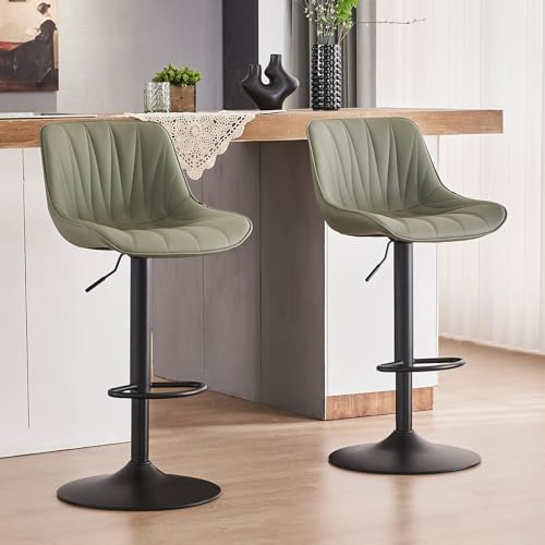 YOUTASTE Barhocker 2er Set Barstuhl Höhenverstellbar, Drehbar mit PU-Leder, Tresenhocker mit Rückenlehne und Fußstütze Sitzhöhe 57cm - 82cm für Küche, Theke, Bar, Olivgrün