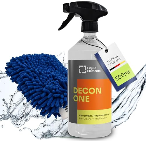 Liquid Elements – Decon One 2er Set Flugrostentferner Auto & Vorreiniger 1L und Waschhandschuh Chubby – Materialschonend & pH-neutral – Entfernt Öl, Teer, Flugrost & Schlamm
