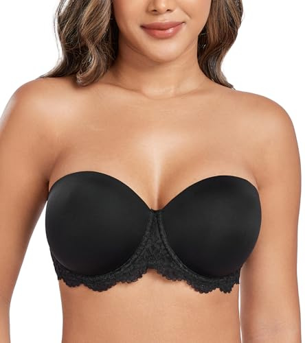 DotVol Women's Full Figure Strapless Bra Underwire Contour Back | Seamless Smooth Cup, Feminine Lace Style, Minimize Side Bulge, V-shaped Center, Anti-slip Silicone, Multiway, Plus Size