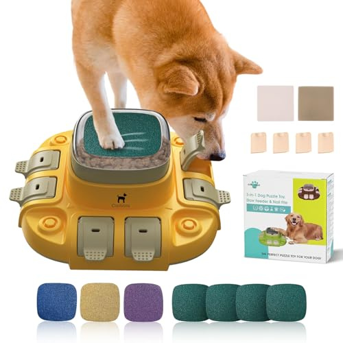 ClariVory Interaktives Hundespielzeug, Futternäpfe, Nagelfeile und Hundepuzzle für geistige Stimulation, anpassbare Futterspender, Anreicherungsspielzeug, um sie zu beschäftigen, Welpen, Gelb