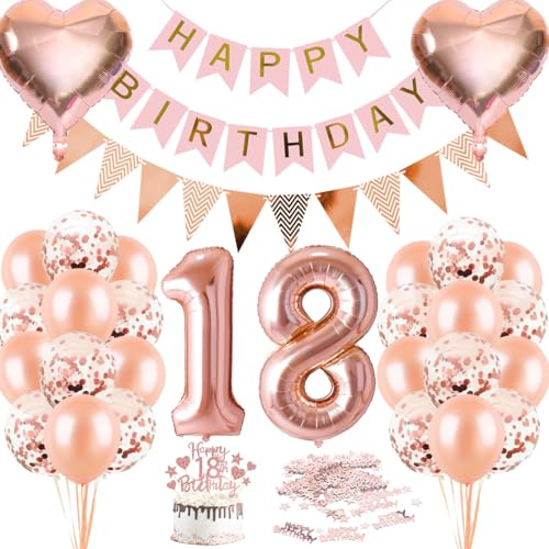 Luftballons 18. Geburtstagsdeko Rosegold, Deko 18. Geburtstag Mädchen, Ballons 18 Jahre, Riesen Folienballon Nummer 18, Happy Birthday Banner, Roségold Ballon 18 Jahre Deko zum Geburtstag
