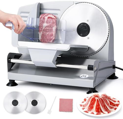 Moongiantgo Electric Meat Slicer 200W With 2 Removable 7.5’’ Stainless Steel Blades, 0-15MM Adjustable Thickness for Home Use, Child Lock Protection, Meat Cheese Bread Deli Food Slicer Machine, 110V