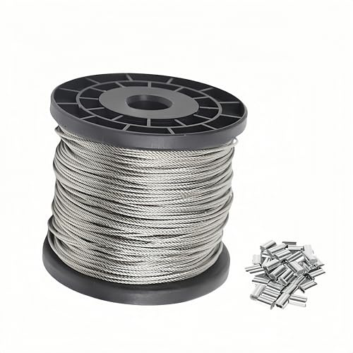 50M 1.5mm Wire Rope, 304 Stainless Steel Wire Cable with Aluminum Crimping Loop, Metal Cable for Climbing Plants, Picture Hanging, Wisteria, Balustrade, Trellis