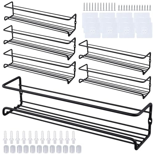 KEILEOHO 6 Stück Gewürzregal Wand Ohne Bohren, 29x6,5x6,5cm Schwarz Gewürzhalter, Küchen Gewürz Organizer für Gewürzflaschen