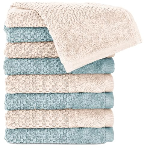 Pure Label Gästehandtücher 8-TLG 8x30x50, Creme | Türkis | weich, saugstark, 100% Baumwolle & OEKO-TEX, mit Schlaufe