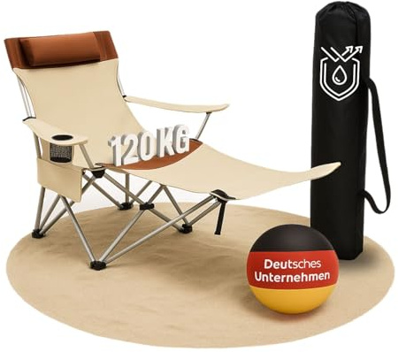 Coemo Campingstuhl, Beige, zusammenklappbar, verstellbar, Getränkehalter | Liegestuhl mit Kopfstütze, Tasche, Relaxliege leicht, tragbar, verstellbarer Faltstuhl, zusammenklappbarer Stuhl