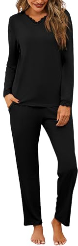 Litherday Pigiama Donna Invernale Cotone 95% Due Pezzi con Maglia Manica Lunga Scollo a V in Pizzo e Pantaloni Lunghi con Tasche Ropa da Casa Morbido Nero M