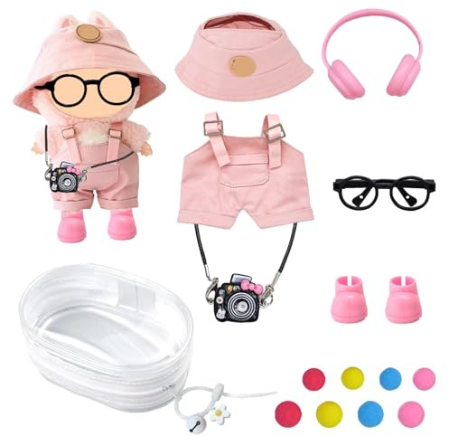for Labubu Clothes Canvas Overalls & Hat Set - with Headphones, Camera, Bell & Case for 17cm Doll | Denim Workwear Style Outfit for La Bubu Doll Collection & Display