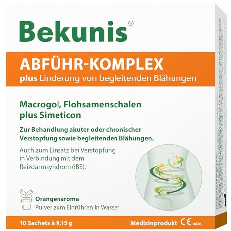 Bekunis Abführ-Komplex plus | Macrogol + Flohsamenschalen + Simeticon | Bei Verstopfung mit begleitenden Blähungen und Völlegefühl | 10 Sachets zum Einrühren in Wasser | Orange | Medizinprodukt