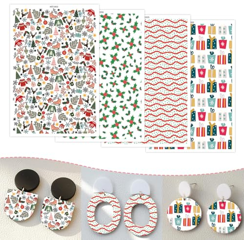 Weihnachts-Transferpapier für Ohrringe und Polymerton, Weihnachts-Elemente, Stechpalmenblatt, wasserlöslich, Transferfolie für Polymerton, DIY, Kunst, Handwerk, Schmuck, Ohrringe, 14 x 8 cm, 20 Blatt