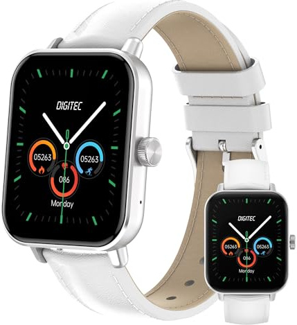 Digitec Montre connectée Square argentée, avec Bracelet en Cuir Blanc Homme Femme, Suivi activité et Sommeil