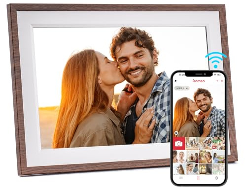 32GB FRAMEO Marco de Fotos Digital Inteligente con WiFi de 10.1 Pulgadas, Pantalla Táctil LCD IPS 1280x800, Modos de Rotación Automática, Comparte Momentos memorables a través de Frameo (Marrón, 10.1)