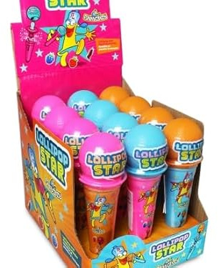 Funny Candy Lollipop Star Microfono Espositore con 12 Caramelle a Forma di Microfono, Gusti Cola, Fragola e Lampone con Polvere Acidula, Giocattolo Bambini