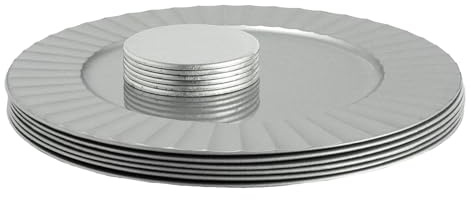 Argon Tableware Round Charger Plates Set with Coasters - 33cm - Silver Flute - 12pc Reusable Hard Plastic Dinner Table Setting Wedding Party Decor Decorative Serving Tableware Chargers Placemats