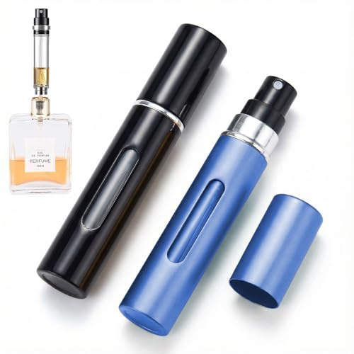 Ormromra Refillable Perfume Atomiser 2 Pack 10ml, Mini Travel Perfume Bottle, Leak Proof Bottom Filling Atomiser Spray Bottle for Women and Men (Black+Blue)