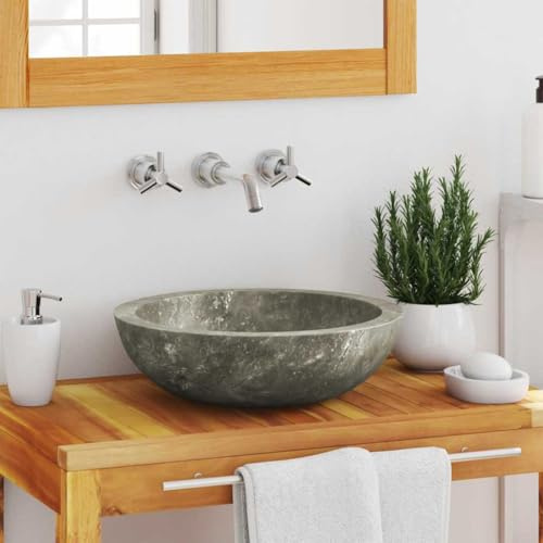 Mokuyary Lavabo Gris Ø40x12 cm Marbre Lavabo, Vasque à Poser au-dessus du Comptoir pour Salle de Bains, WC d'invités, Hôtel, Toilettes -A