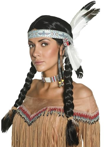 Smiffys Indianerin Perücke von amerikanischen Ureinwohnnern inspiriert, mit geflochtenen Zöpfen und Feder-Stirnband Halloween