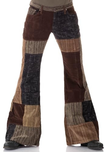 Comycom Uomini Patchwork di Velluto Pantaloni Brown 70 Retro Marrone W36/L34