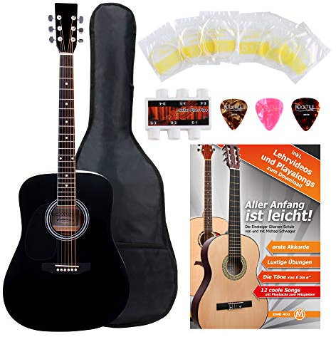 Classic Cantabile WS-10BK-LE Westerngitarre für Linkshänder Starter-Set (Dreadnought-Style, Lefthand, 6 Saiten, 20 Bünde, inkl. Zubehörset, Gitarrentasche, Notenheft, Saiten, Plektren) schwarz