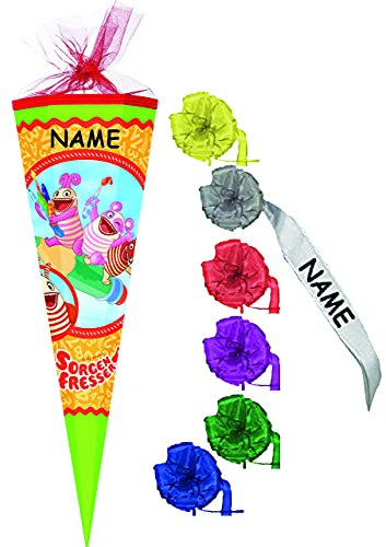 alles-meine.de GmbH Schultüte - Sorgenfresser - 22 cm - rund - incl. Namen und individueller Schleife - mit Tüllabschluß - Zuckertüte - mit/ohne Kunststoff Spitze - für Mäd..