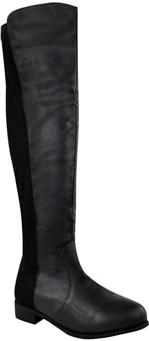 Fashion Thirsty LADIES WOMENS FLAT ELASTICATED WIDE LEG STRETCH OVER THE KNEE HIGH RIDING BOOTS SIZE (UK 6 / EU 39 / US 8, Black Matt)