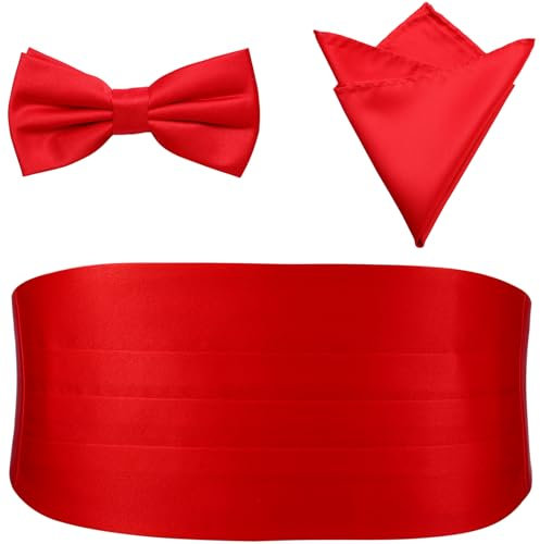 PenSee Vorgebundene Fliege für Herren, Einstecktuch und Kummerbund, rot, Suitable for waist between 32 and 45.5