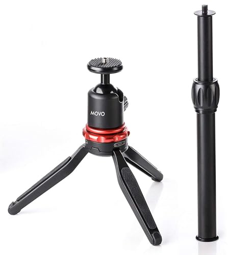 Movo Universal Mini Camera Tripod with Extendable Pole (MV-T1) Adjustable Head, Heavy-Duty Aluminum Travel Stand for DSLR, Mirrorless, GoPro, Smartphones, Compact, Portable