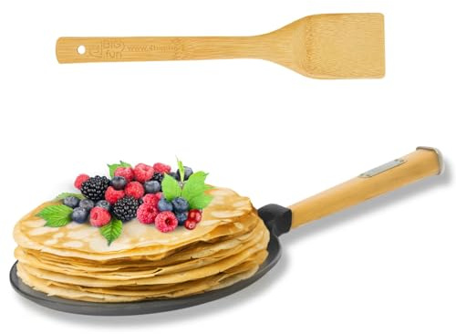 4BIG.fun Pfannkuchen Bratpfanne aus Gusseisen 24 cm BRIZOLL mit Holzgriff abschraubbar und Pfannenwender von 4big.fun *** Pancake Crepes *** Alle Herdarten inkl. Induktion *** Crepepfanne Omlettpfanne