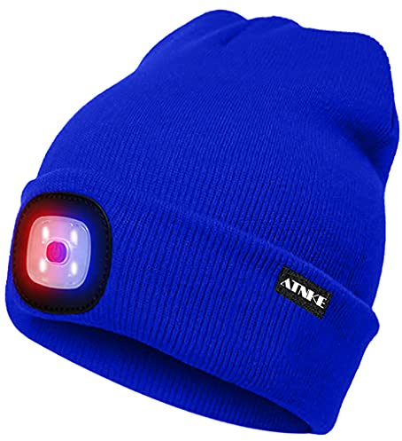 ATNKE LED Beleuchtete Mütze,Wiederaufladbare USB 4 LED Rot und Blau Leuchten Blinkender Laufmütze mit Licht Extrem Heller Lampe Winter Warme für Herren und Damen Geschenke