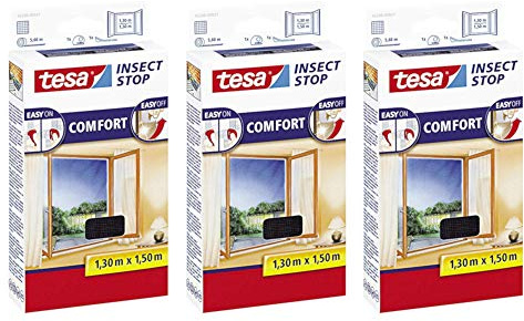 tesa Insect Stop Comfort Fliegengitter Fenster - Insektenschutz mit Klettband selbstklebend - Fliegen Netz ohne Bohren (3er Pack /130 cm x 150 cm, Anthrazit (Durchsichtig))