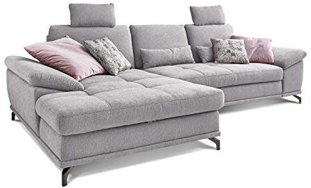 Cavadore L-Form-Sofa Castiel mit Federkern / Großes Schlafsofa in L-Form mit Bettkasten, Sitztiefenverstellung, Kopfstützen und XL-Longchair / 312 x 114 x 173 / Webstoff, Hellgrau