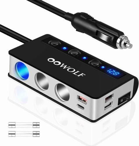 OOWOLF Zigarettenanzünder Verteiler QC 3.0 180W 12V/24V, Schalter Leistung Adapter Auto Ladegerät, 3 DC Steckdose Splitter 4 USB Anschlüsse KFZ Verteiler für Smartphone, Tablet, GPS, Navi